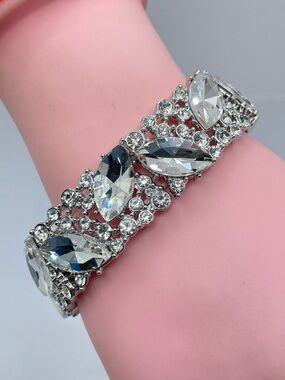 Clear Rhinestone Crystal Stretch Bracelet Statement Sparkly Silver Tone